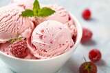 A luscious bowl of creamy ice cream paired with vibrant raspberries, creating a delectable and visually appealing dessert treat.