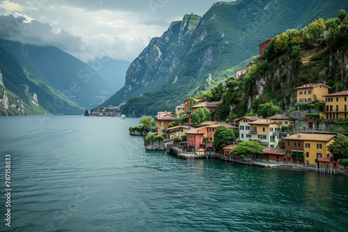 A tranquil body of water nestled among towering mountains and charming houses, creating a picturesque escape in nature.