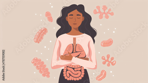 Woman with healthy digestive system on light background