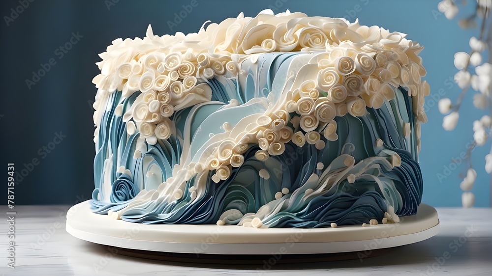 A breathtaking 3D cake modeled after a cascading waterfall, with flowing fondant waves - obrazy, fototapety, plakaty 