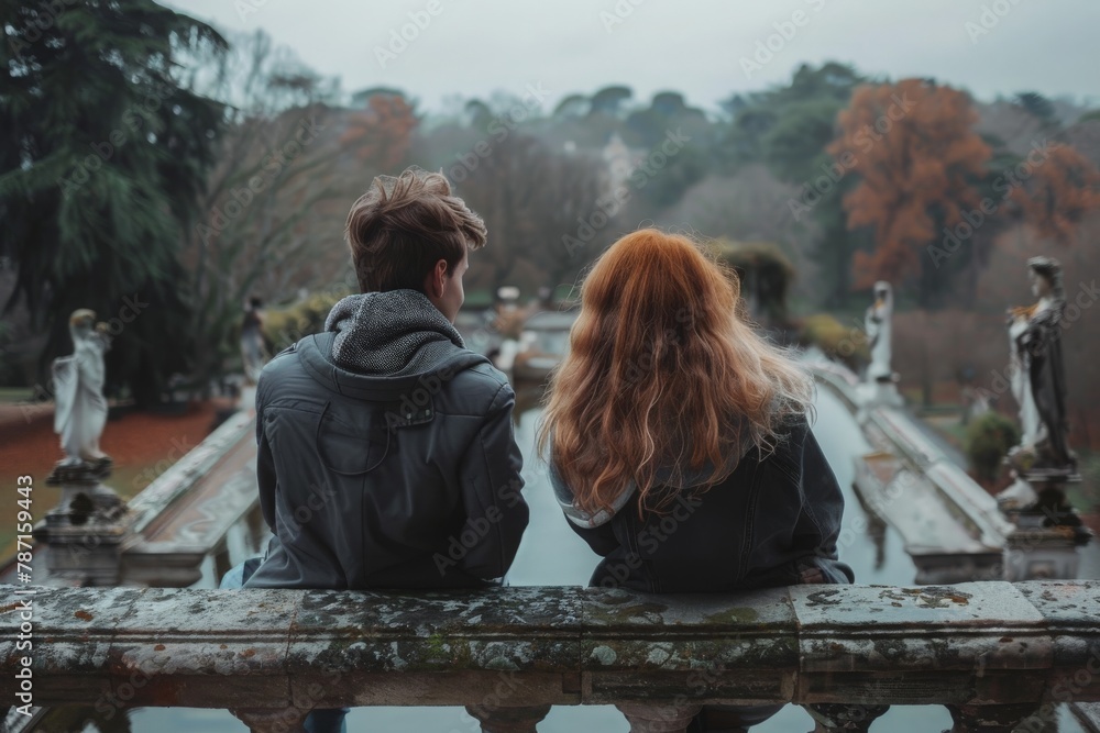 A man and a woman are seated on a bridge, gazing into the distance as they enjoy a peaceful moment together.