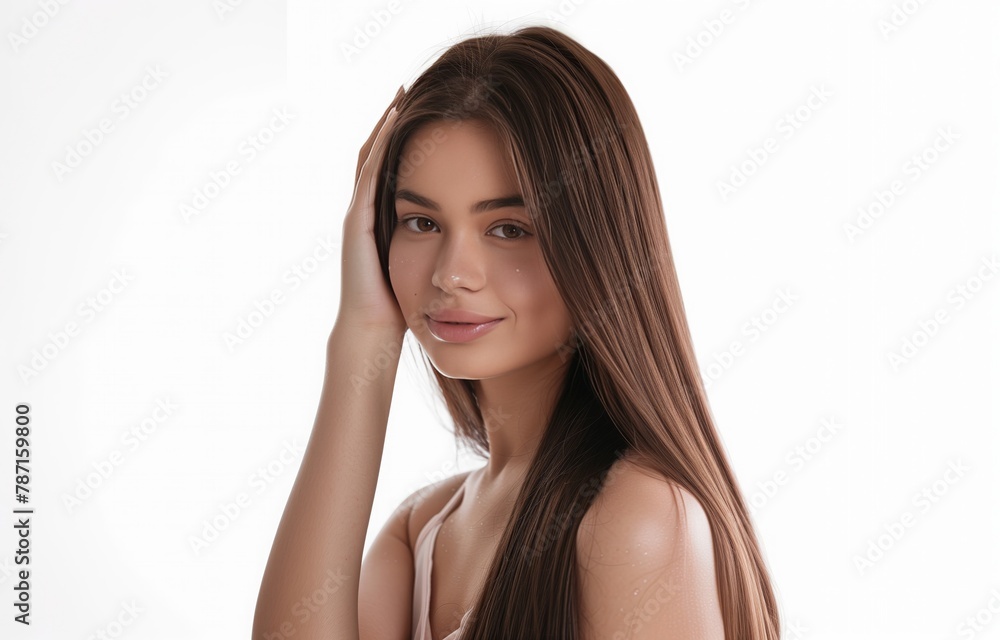Woman showcasing brown sleek, shiny hair post-shampoo. Portrait of beauty and haircare.
