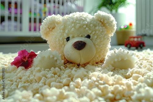 Close-up of a cute and cuddly white teddy bear sitting on a soft white surface. © Наталья Бойко