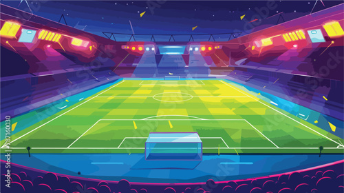 Realistic football field with illumination vector illustration