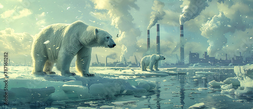 Polar Bears in Industrial Wasteland Scene, Depict polar bears on melting ice caps surrounded by industrial smokestacks in the distance