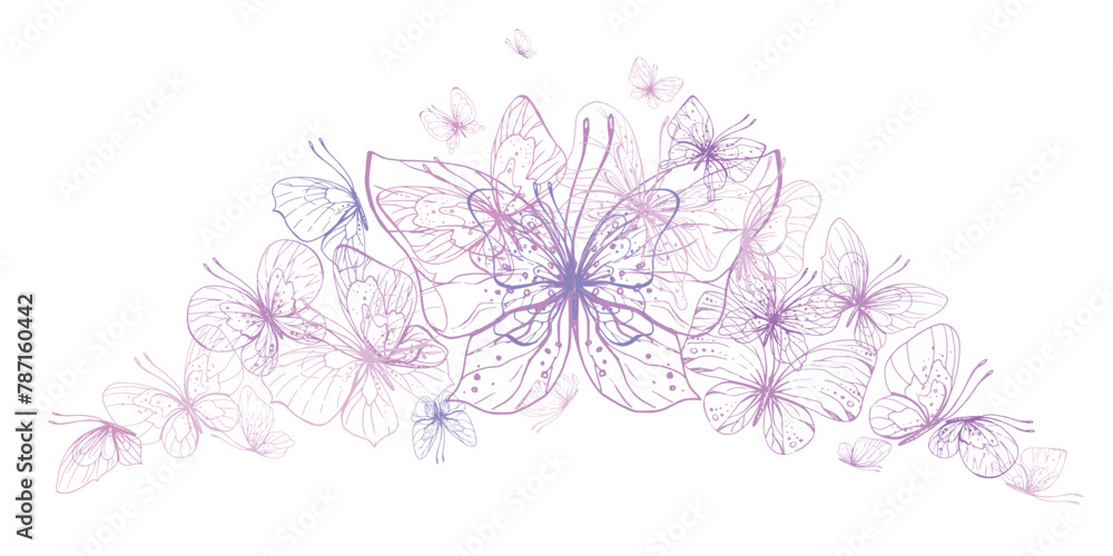 Butterflies are pink, blue, lilac, flying, delicate with wings and splashes of paint. Graphic illustration hand drawn in pink, lilac ink. Composition EPS vector