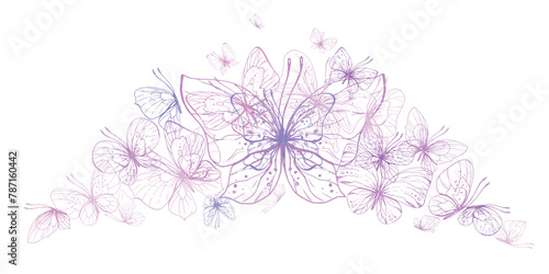 Butterflies are pink  blue  lilac  flying  delicate with wings and splashes of paint. Graphic illustration hand drawn in pink  lilac ink. Composition EPS vector