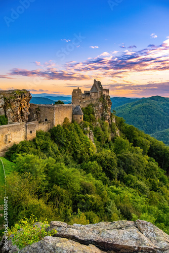 Wachau valley and Danube river. Aggstein medieval castle. Austrian landmark