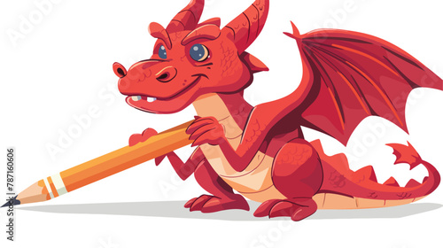 Red dragon is holding pencil illustration vector on white