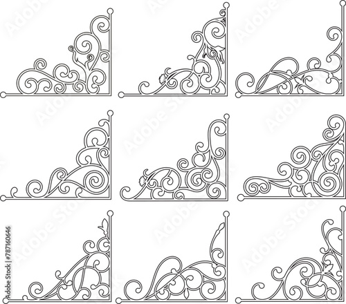 Wrought iron corner ornaments. A set of exquisite and very clean wrought iron ornamental designs, vector series, vinyl and laser ready.