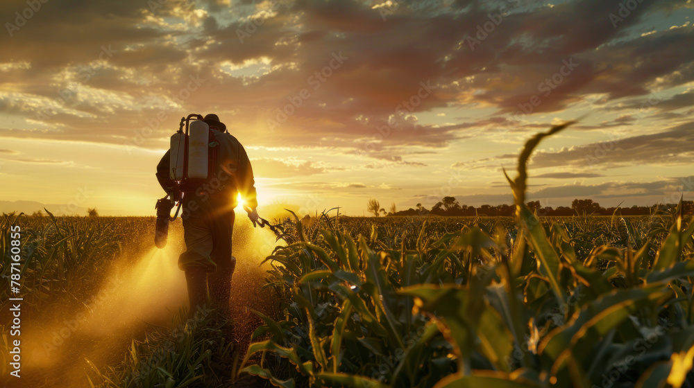 Fototapeta premium A farmer sprays pesticide on crops.