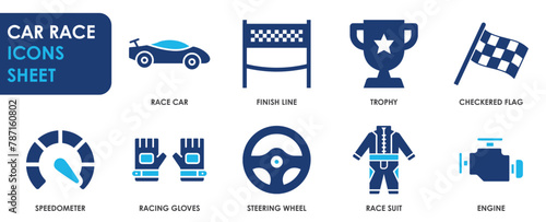 Car Race icons set. Racing sport icon elements. Flat icons with car, finish line, speedometer and so on.