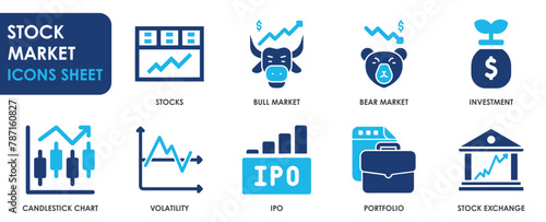 Stock market icon set. Containing stocks, stock exchange, market and so on. Flat Share market related icons.