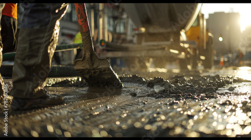 A construction worker pours wet concrete at a road construction site.