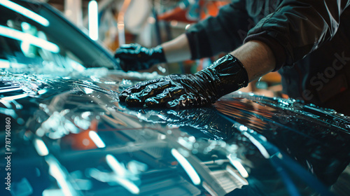 Worker installing ceramic foil on car window photo