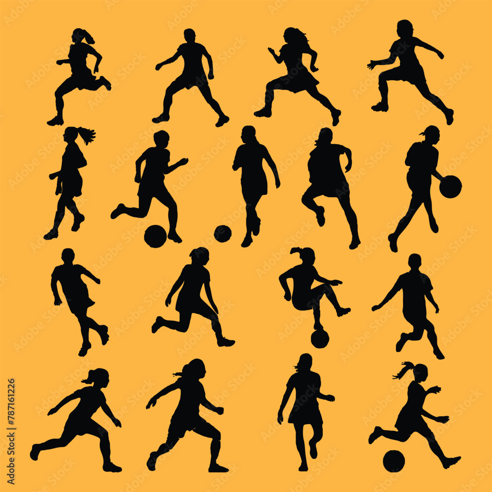 women set of football (soccer) hand drawn players silhouette vector Illustration,Generative AI