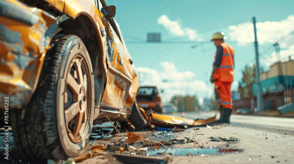An insurance car service officer inspects a damaged car after an accident on the road.