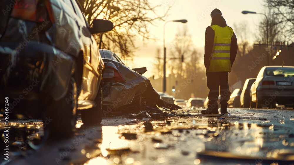 An insurance car service officer inspects a damaged car after an accident on the road. An insurance car service officer inspects a damaged car after an accident on the road.