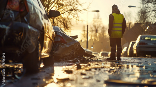 An insurance car service officer inspects a damaged car after an accident on the road. © Wararat