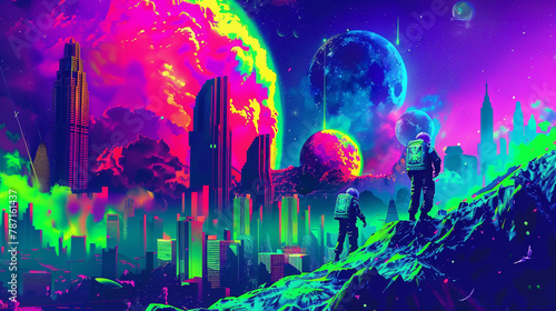 Heatwaves dance on skyscrapers, Astronauts Gazing at Colorful Galactic Skyline. Illustration