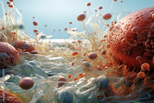 A surreal 3D animation within the human saliva glands, showing cells combating foodborne pathogens in a watery landscape, no shadow