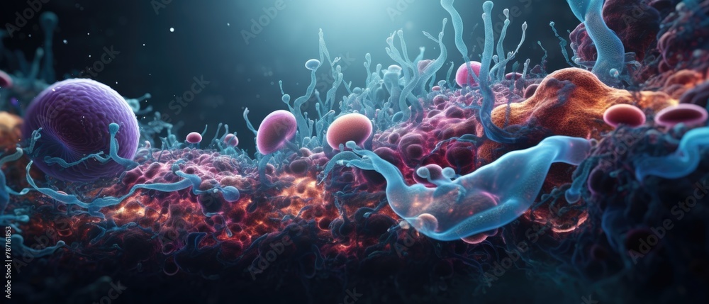 Naklejka premium A vibrant 3D animation of a microscopic battlefield within the stomach, featuring enzymes and stomach acids clashing with invasive bacteria, clear lighting