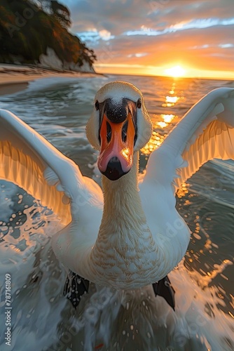 majestic swan flying over the lake at sunset