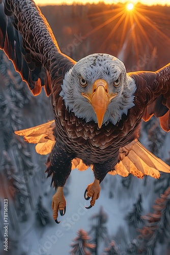 a bald eagle flying over the arctic pole at sunset
