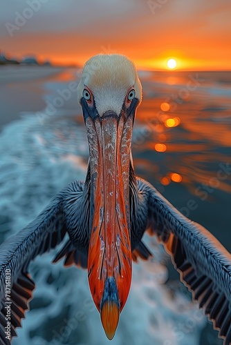 pelican flying over the beach at sunset