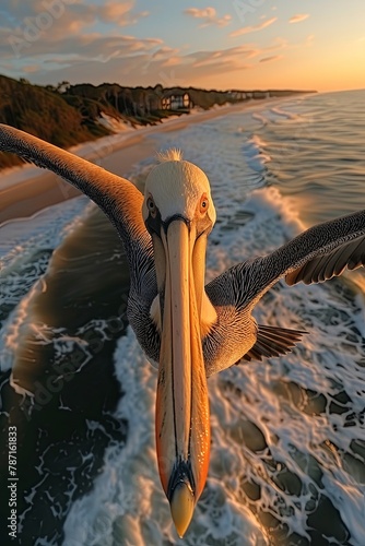 pelican flying over the beach at sunset