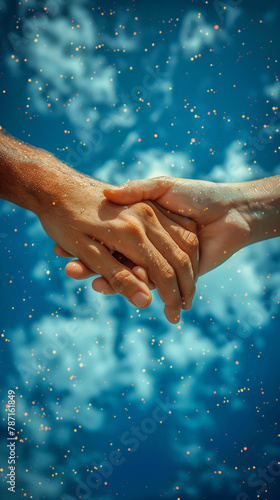 Two people holding hands - closeup against the sky. Vertical portrait 