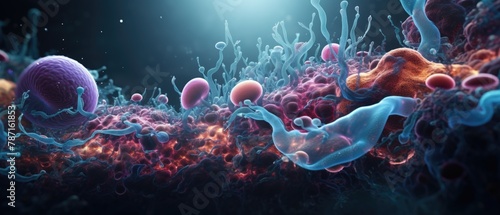 A vibrant 3D animation of a microscopic battlefield within the stomach, featuring enzymes and stomach acids clashing with invasive bacteria, clear lighting photo