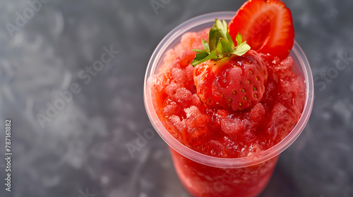Strawberry Slushie in disposable plastic cup top view Sweet shaved ice Spanish fruit granizado Refreshing summer drink Selective focus copy space : Generative AI photo