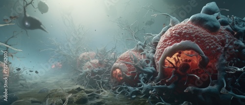 An imaginative 3D depiction of a microscopic battle within the lungs, with immune cells fighting airborne viruses in a misty environment, accurate anatomy