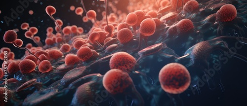 An intense 3D animation of a battle within the human hair follicles, depicting cells fighting off dandruff and scalp infections, medical illustration style photo