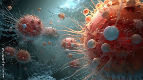 An imaginative 3D depiction of a battle within the lymph nodes, where lymphocytes fight infections in a fluid-filled environment, no shadow photo
