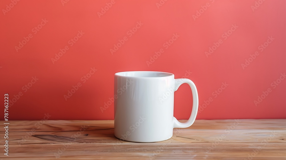 Blank white mug on wooden table isolated on salmon colour background Blank white mug on wooden table isolated on salmon colour background