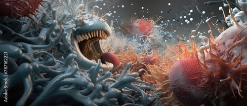 A detailed 3D scene of a microscopic battle within the liver, where detoxifying cells combat toxins in a toxic, colorful landscape, clear lighting