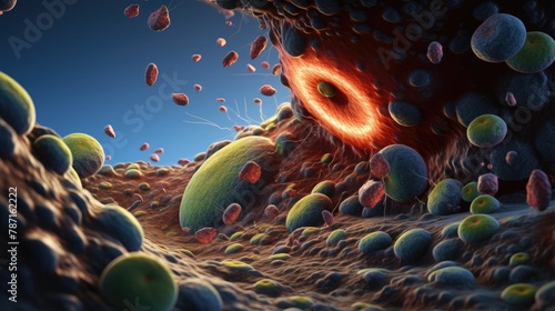 A detailed 3D animation depicting a microscopic battlefield within the gallbladder, combating gallstones and infections, no shadow photo