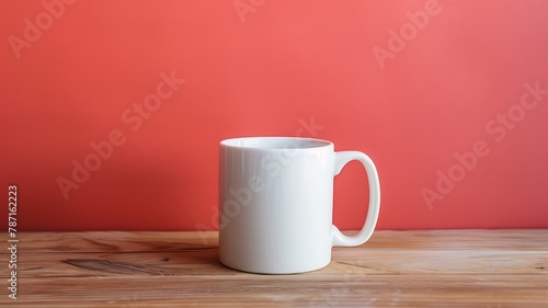 Blank white mug on wooden table isolated on salmon colour background