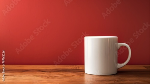 Blank white mug on wooden table isolated on fire break colour background