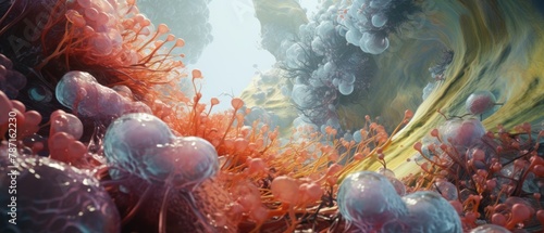 A detailed 3D scene of a microscopic battle within the liver, where detoxifying cells combat toxins in a toxic, colorful landscape, clear lighting