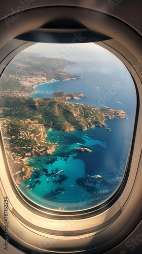 Vertical portrait image showing the view out of an airplane window flying over a tropical island
