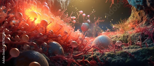 A detailed 3D scene of a microscopic battle within the liver, where detoxifying cells combat toxins in a toxic, colorful landscape, clear lighting photo