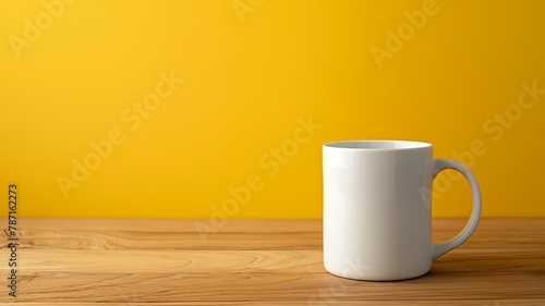 Blank white mug on wooden table isolated on yellow colour background