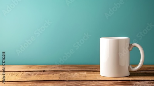 Blank white mug on wooden table isolated on teal colour background