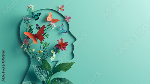 Cardboard silhouette of human head decorated with flowers and butterfly on mint background World mental health day concept Vertical banner Copy space : Generative AI #787162466