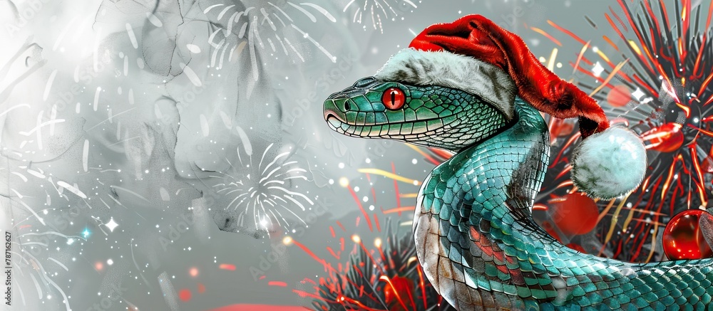 A festive snake wearing a Santa hat surrounded by holiday decorations A festive snake wearing a Santa hat surrounded by holiday decorations