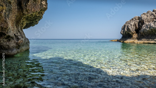 Tiny,pebble beach overlooking the sea on the Greek island of Kefalonia.