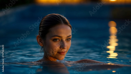 Serene woman enjoying a spa pool at twilight created with generative ai 